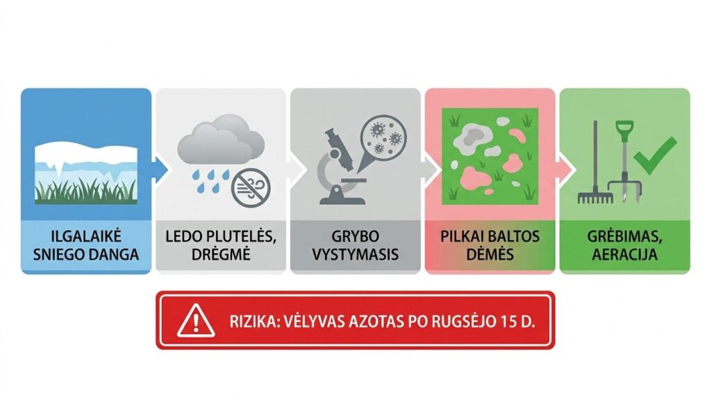 Sniego pelėsio fuzariozės vystymosi ciklas vejoje – priežastys, simptomai ir gydymas
