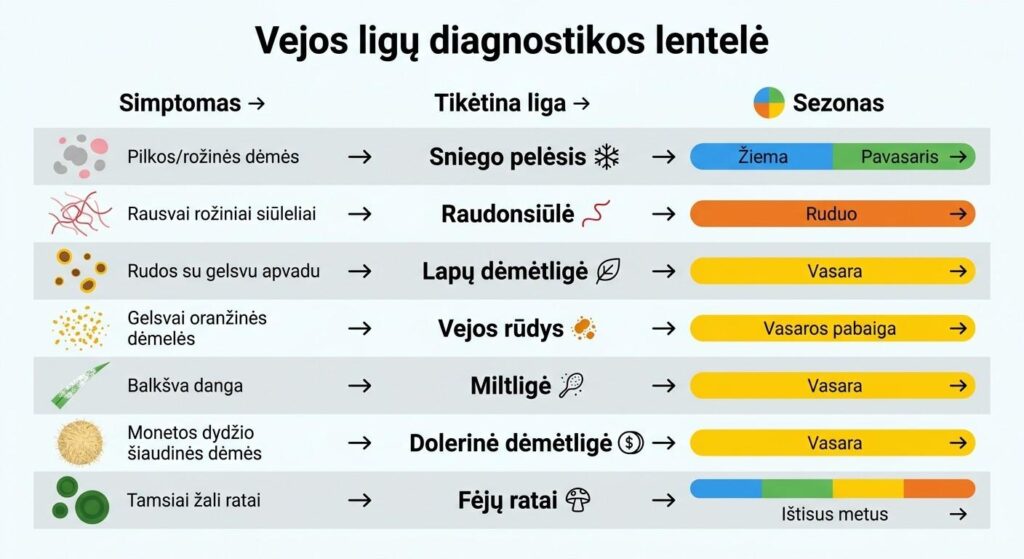 Vejos ligų atpažinimo lentelė pagal simptomus, sezoną ir drėgmės sąlygas – diagnostikos vadovas
