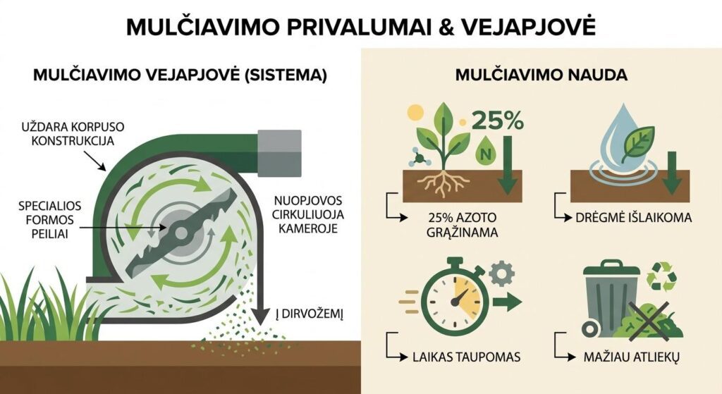 Vejos mulčiavimo privalumai ir mulčiavimo vejapjovės konstrukcijos schema – azoto grąžinimas, drėgmės išlaikymas, laiko taupymas
